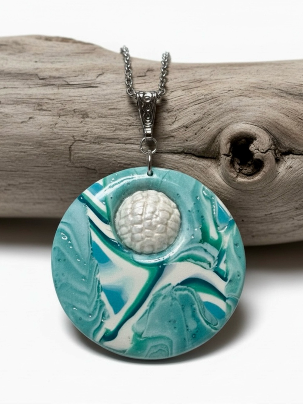 White Blue & Green Handmade Lg Polymer Clay Pendant Necklace 18" Stainless Chain